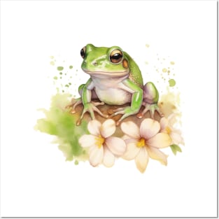 Frog Watercolor Flower Posters and Art